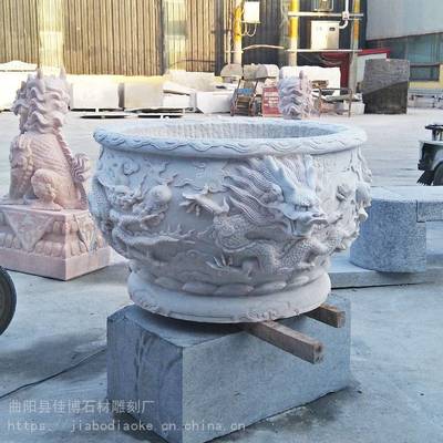 佳博雕刻厂家石雕九龙鱼缸汉白玉石缸流水鱼缸花盆大理石龙盆花盆龙缸寺院庭院鱼盆古建青石鱼缸